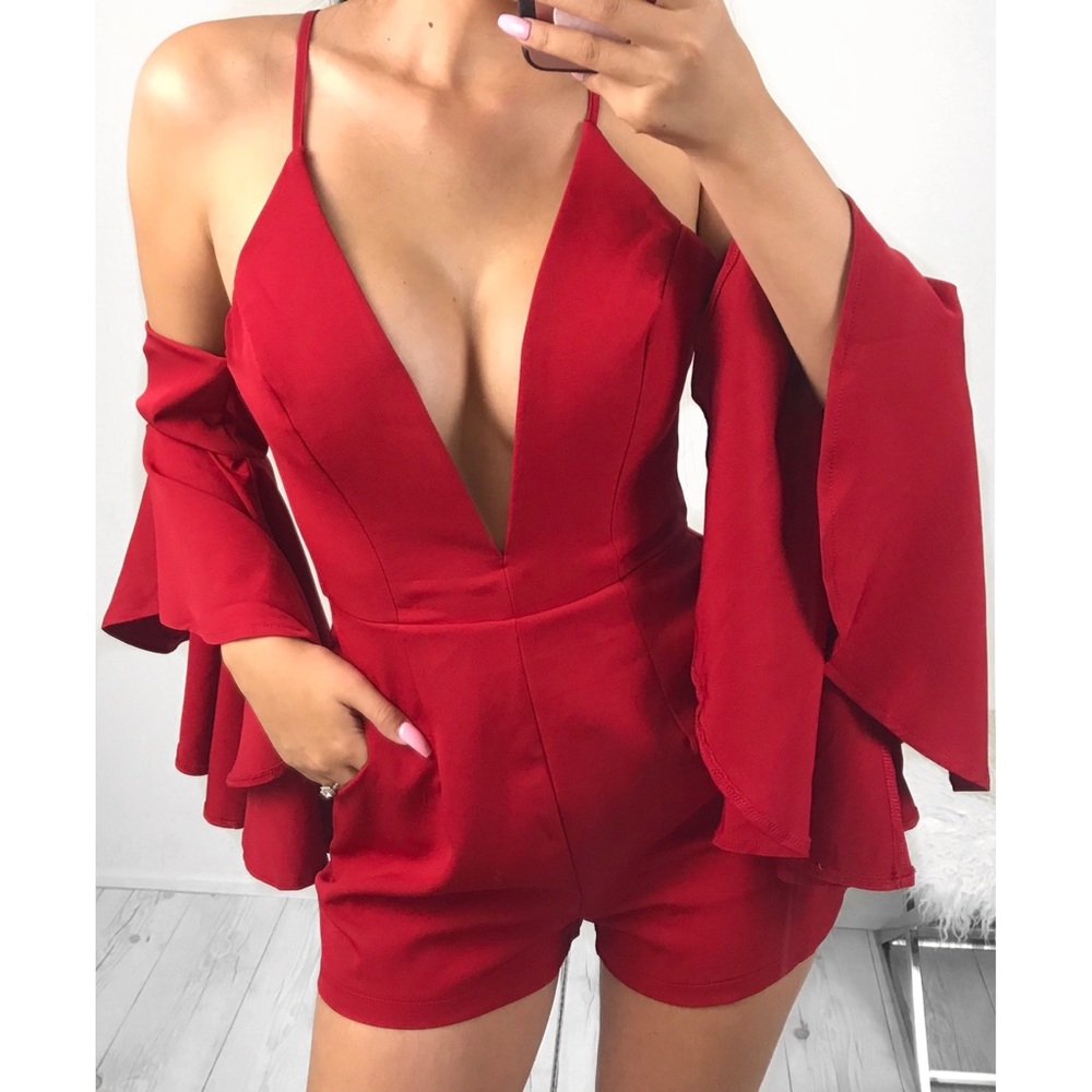 Red deep v-neck romper dress